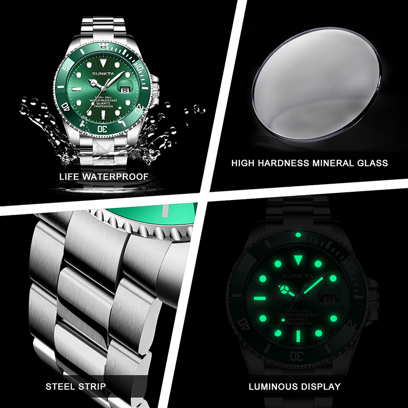SUNKTA Mens Watches LIGE Top B - огляд і ціна Luxury Watch Green Dial